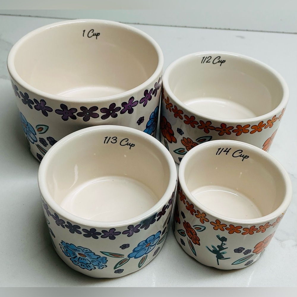 4 Measuring Cups The Bake Shop Blue & Orange Flowers Ceramic New